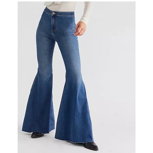 Free People Womens Just Float on Flare High Rise Denim Jeans Size 24 Blue - Picture 1 of 7